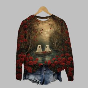 2025 Halloween Cute Ghost Print Crew Neck Sweatshirt 1 1