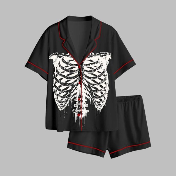 90s Skeleton Rib Vintage Y2k Skull Halloween Pajama Set 1