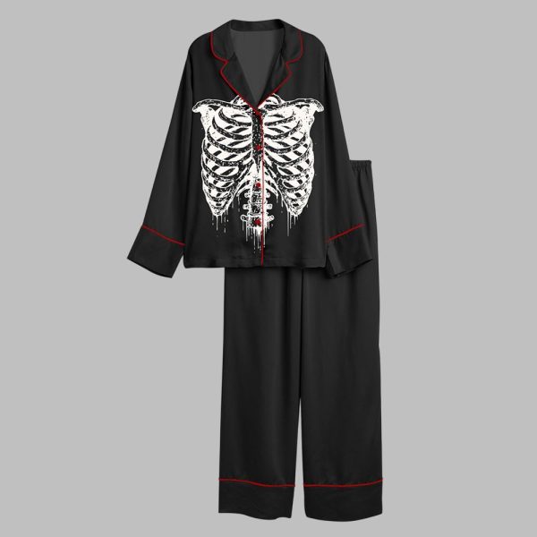 90s Skeleton Rib Vintage Y2k Skull Halloween Pajama Set 2