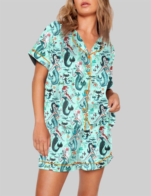 Aqua Retro Mermaids Teal Pinup Girls Martini Mermaids Pajama Set 1 1