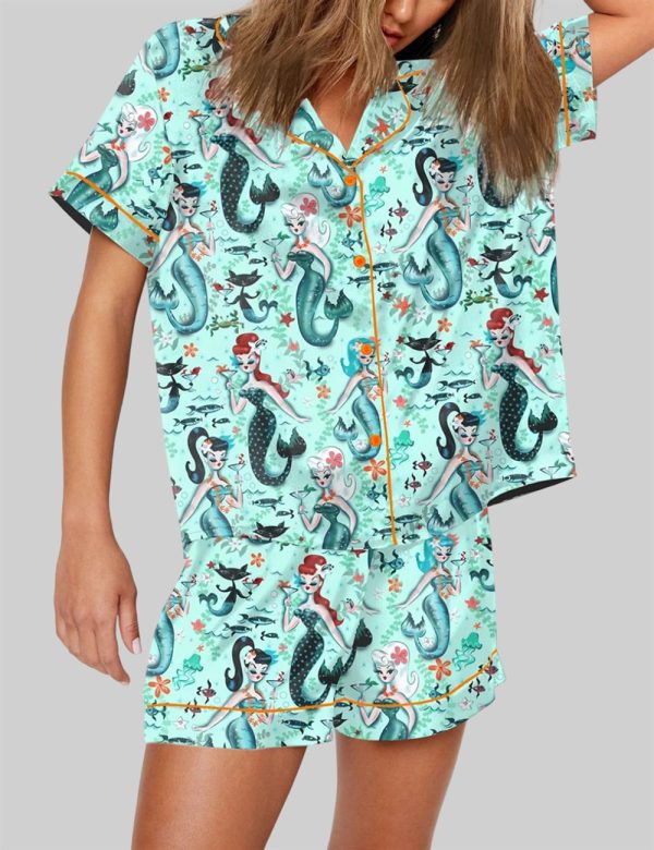 Aqua Retro Mermaids Teal Pinup Girls Martini Mermaids Pajama Set 2 1