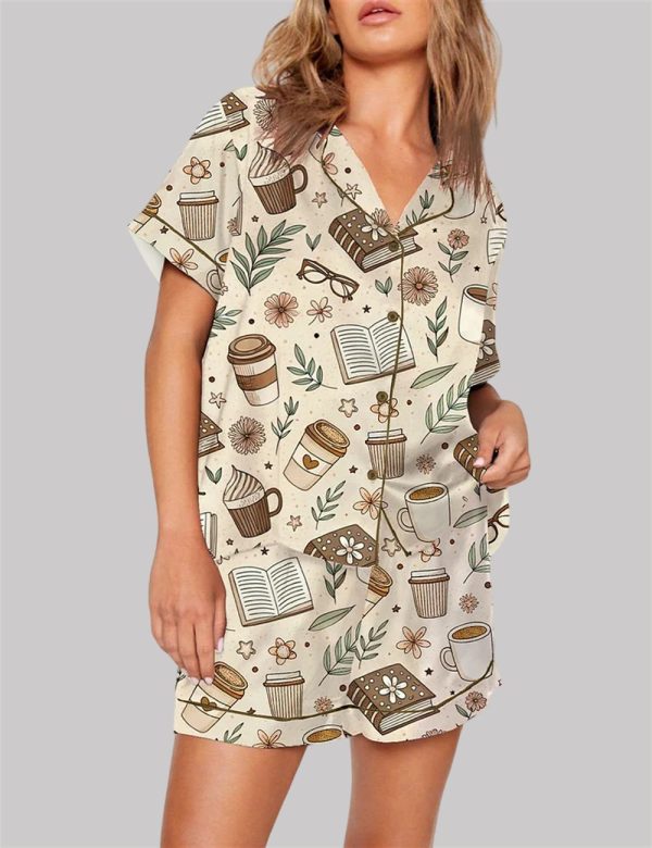 Beige Coffee And Books Reading Lover Girly Bookish Pajama Set 1