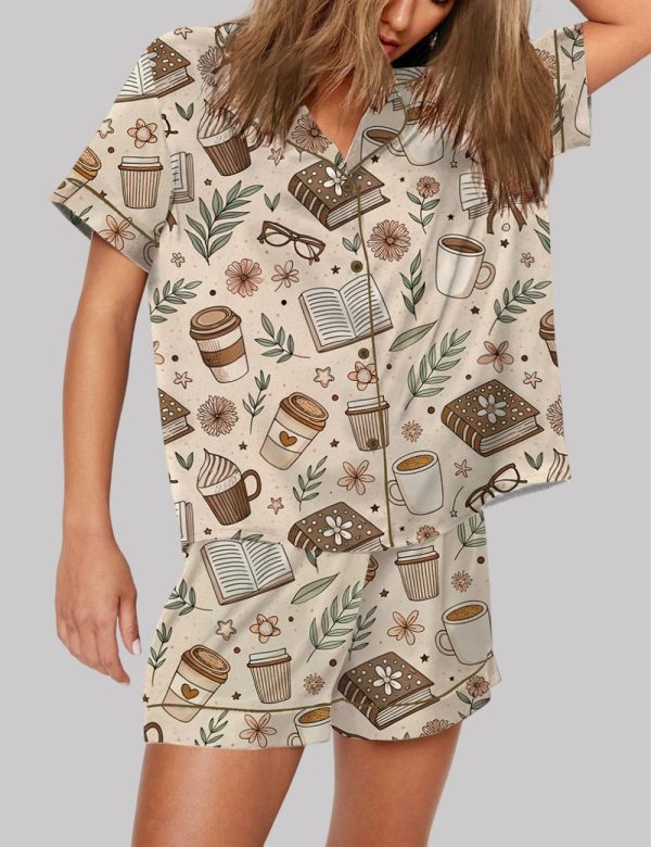 Beige Coffee And Books Reading Lover Girly Bookish Pajama Set 2