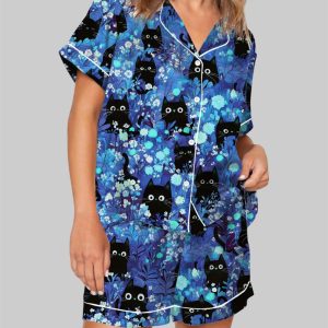 Black Cats Pajama Set For Women 1