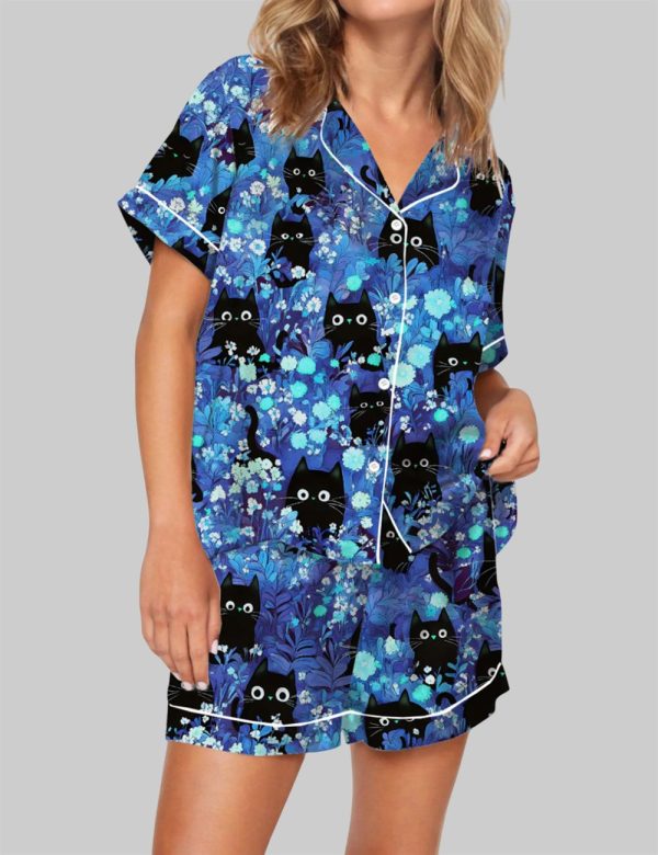 Black Cats Pajama Set For Women 1