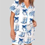 Blue Chinoiserie Cowgirl Blue Toile Bow Boots Blue And White Western Pajama Set