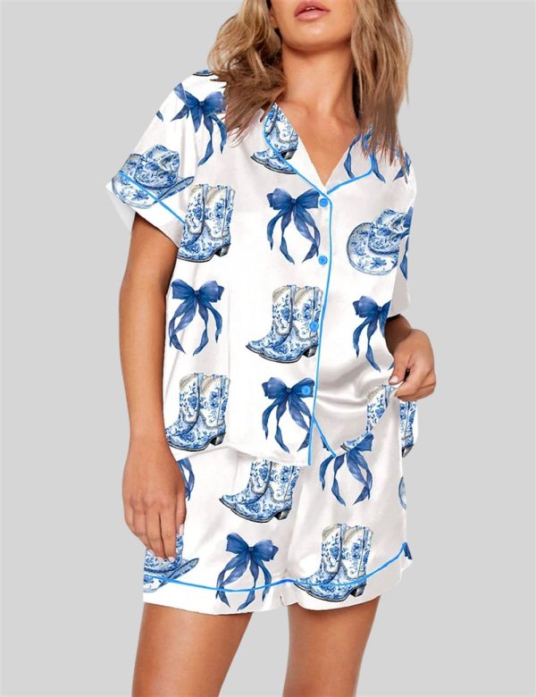 Blue Chinoiserie Cowgirl Blue Toile Bow Boots Blue And White Western Pajama Set 1