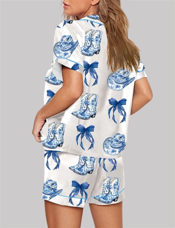 Blue Chinoiserie Cowgirl Blue Toile Bow Boots Blue And White Western Pajama Set 2
