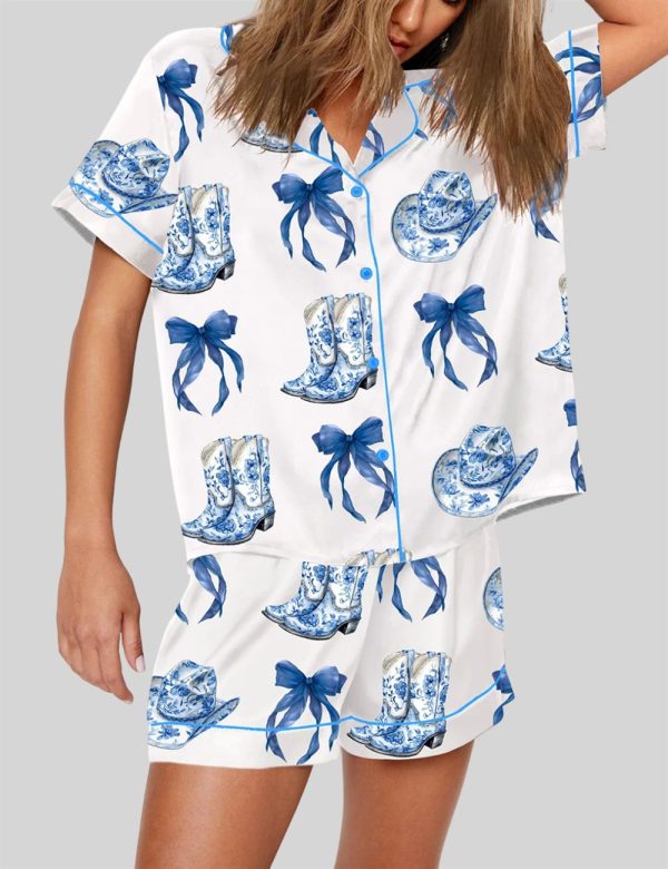 Blue Chinoiserie Cowgirl Blue Toile Bow Boots Blue And White Western Pajama Set 3