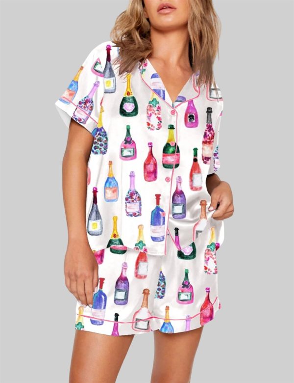 Champagne Bottles Watercolor Hot Pink Pajama Set 1
