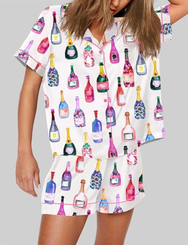 Champagne Bottles Watercolor Hot Pink Pajama Set 2