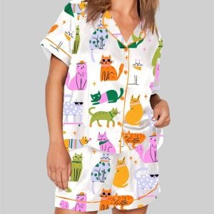 Colorful Cat Art Print Short Sleeve Pajama Set 1