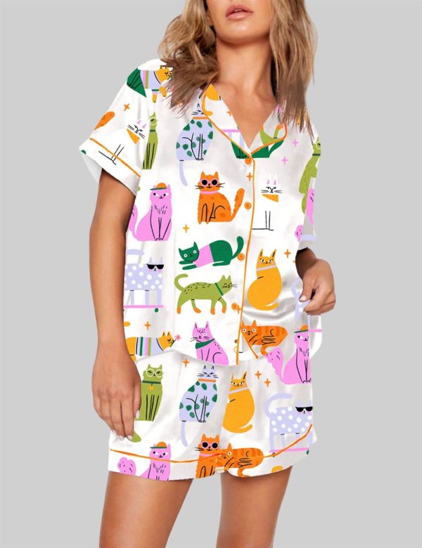 Colorful Cat Art Print Short Sleeve Pajama Set 1