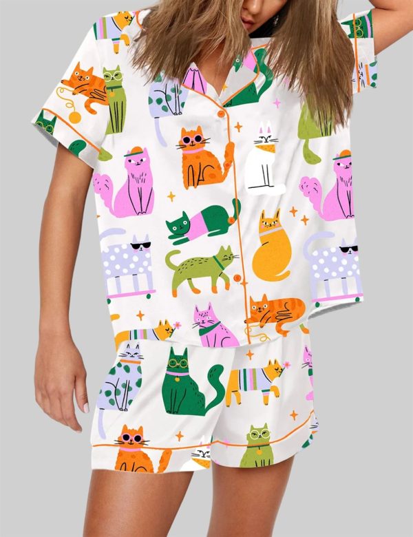 Colorful Cat Art Print Short Sleeve Pajama Set 3