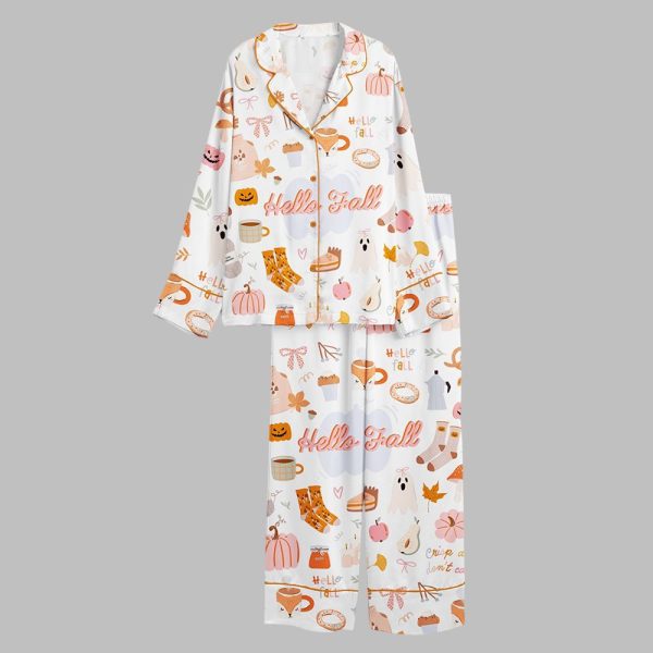Fall Cozy Autumn Halloween Pumpkin Spice Tea Mushrooms Ghost Leaves Pajama Set 2