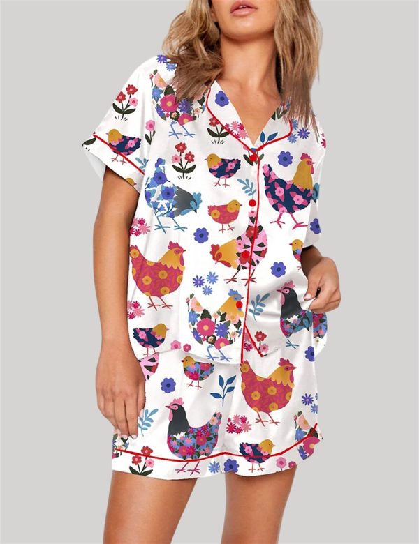 Flowers Chickens Lovers Short Sleeve Pajama Set 1