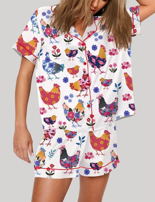 Flowers Chickens Lovers Short Sleeve Pajama Set 2