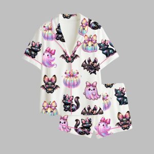 Iridescent Ghost Halloween Pumpkins Cats Bats Pastel Spooky Pajama Set 1