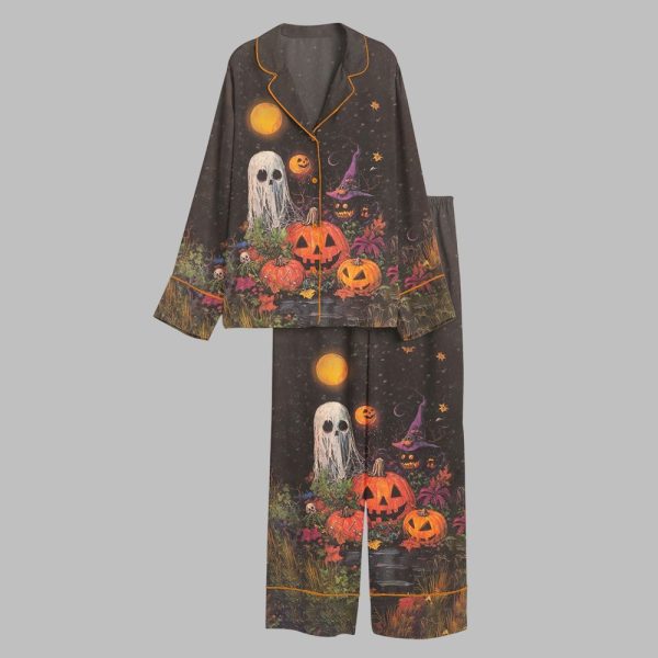 Ghosts And Pumpkins In The Dark Moon Night Halloween Pajama Set 2