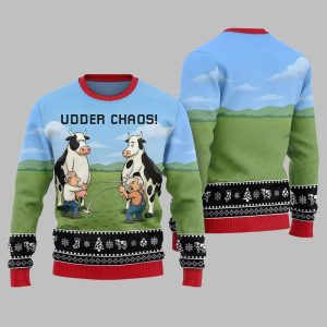 2025 Christmas Cow Udder Chaos Ugly Christmas Sweater 1