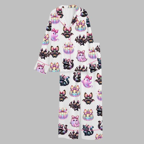 Iridescent Ghost Halloween Pumpkins Cats Bats Pastel Spooky Pajama Set 2