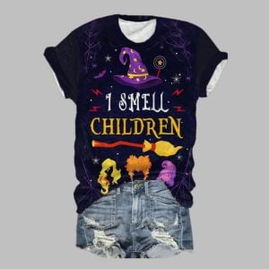 2025 Halloween Women's Three Witches Halloween I Smell Children Print Short Sleeve T-Shirt