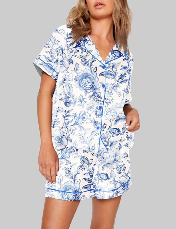 Light Blue and White Floral Pattern Pajama Set 1