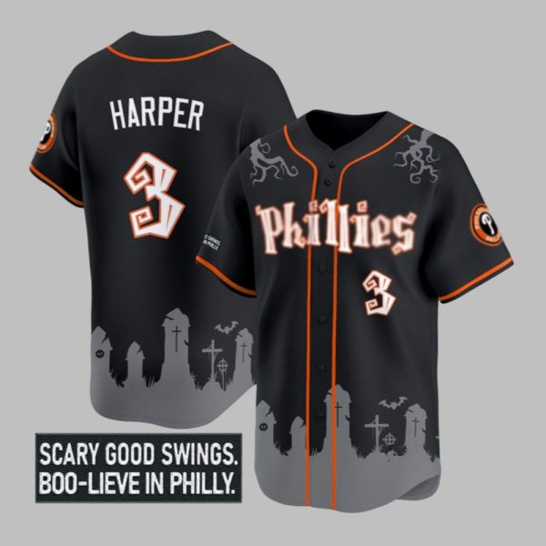 Phillies Harper Scary Good Swings Boo-Lieve In Philly Jersey 2025