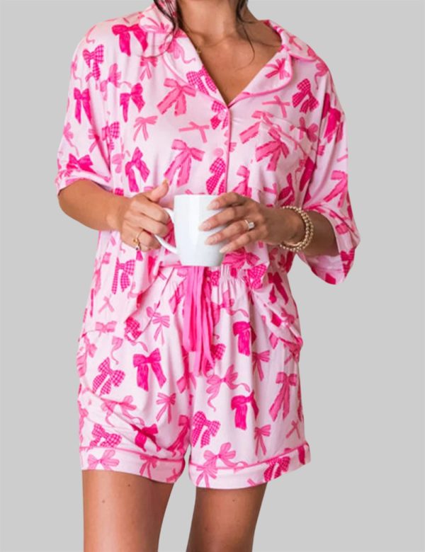 Pink Sweet Bow Print Pajama Set 1