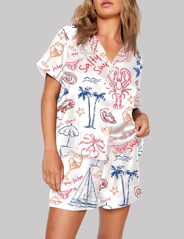Salty But Sweet Retro Summer Coastal Beach Aesthetic Summer Cocktail Sea Food Lobster Pajama Set 1