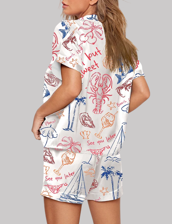 Salty But Sweet Retro Summer Coastal Beach Aesthetic Summer Cocktail Sea Food Lobster Pajama Set 3