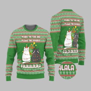 2025 Christmas Cat Wreck The Tree And Blame The Doggle Ugly Christmas Sweater 1 1