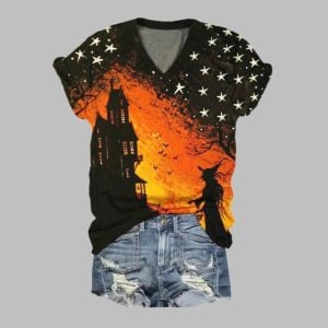 2025 Halloween Women's Halloween Witch Stars Print T-Shirt