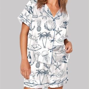 Vintage Coastal Nautical Hand Drawn Sea Life Retro Summer Beach Pajama Set 1