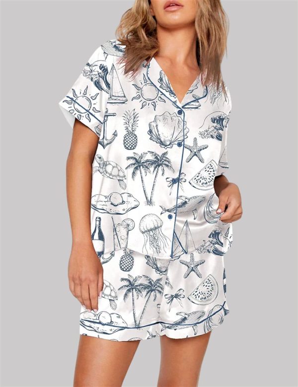 Vintage Coastal Nautical Hand Drawn Sea Life Retro Summer Beach Pajama Set 1