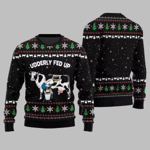 2025 Christmas Cow Udderly Fed Up Ugly Christmas Sweater 1