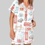 Watercolor London Art City Bus Sightseen Bridge Telephone Pajama Set