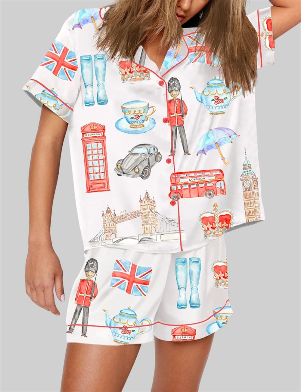 Watercolor London Art City Bus Sightseen Bridge Telephone Pajama Set 3 Watercolor London Art City Bus Sightseen Bridge Telephone Pajama Set 3