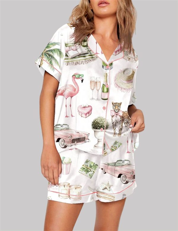 Watercolor Palm Club Summer Miami Beach Vacation Pajama Set 1