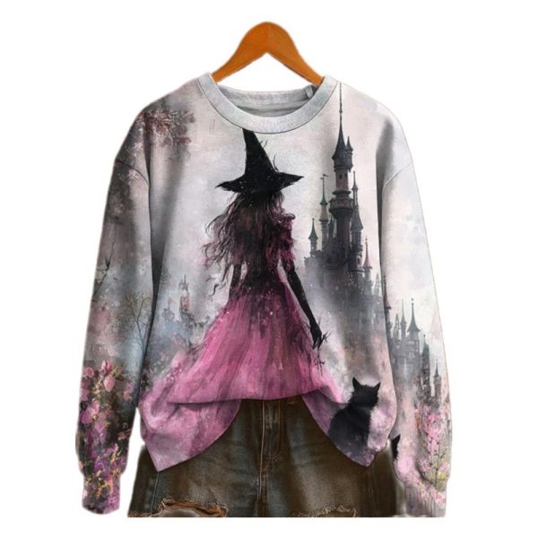 Witches Print Crew Neck Sweatshirt 2025 Halloween 1 2