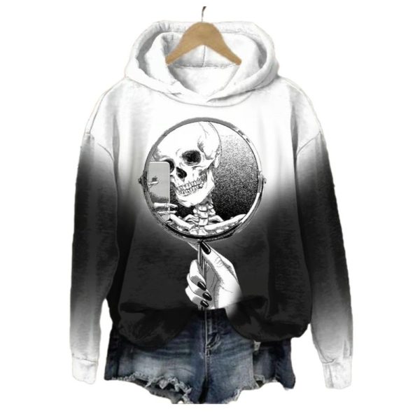 Womens 2025 Halloween Selfie Skull Print Hoodie 1 2