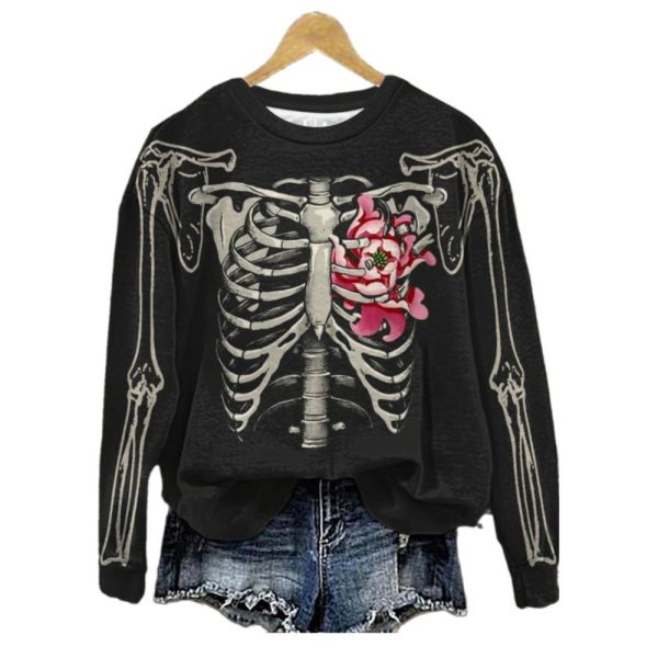 Womens 2025 Halloween Skeleton Print Sweatshirt 1 2