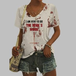 2025 Halloween Women's I Am Here To Do The Devil's Work Print V Neck T-shirt