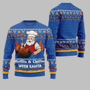2025 Christmas Grillin Chillin With Santa Ugly Christmas Sweater 1