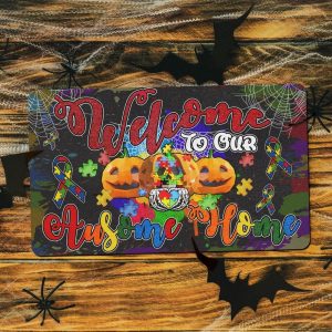 Halloween Autism Awareness Welcome to our Ausome Home Doormat 1