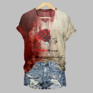 2025 Halloween Women's Bloody Rose Print T-Shirt