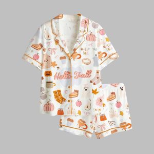 Fall Cozy Autumn Halloween Pumpkin Spice Tea Mushrooms Ghost Leaves Pajama Set 1