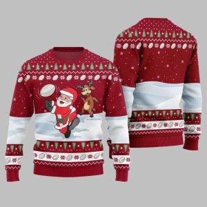 2025 Christmas Santa Playing Rugby Ugly Christmas Sweater 1