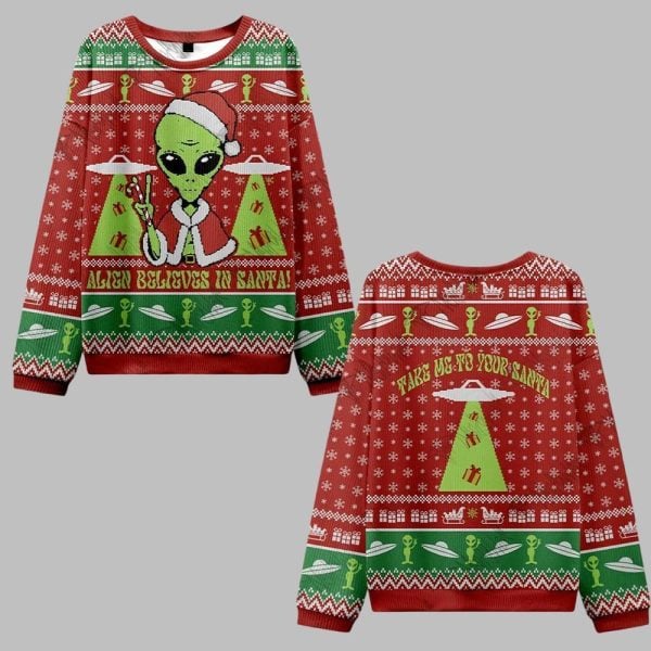 2025 Christmas Alien Believes in Santa Ugly Christmas Sweater 0