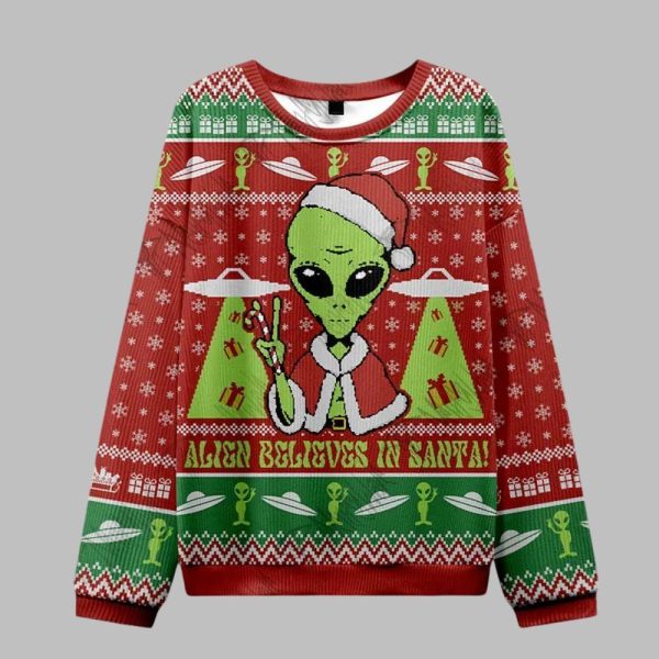 2025 Christmas Alien Believes in Santa Ugly Christmas Sweater 1